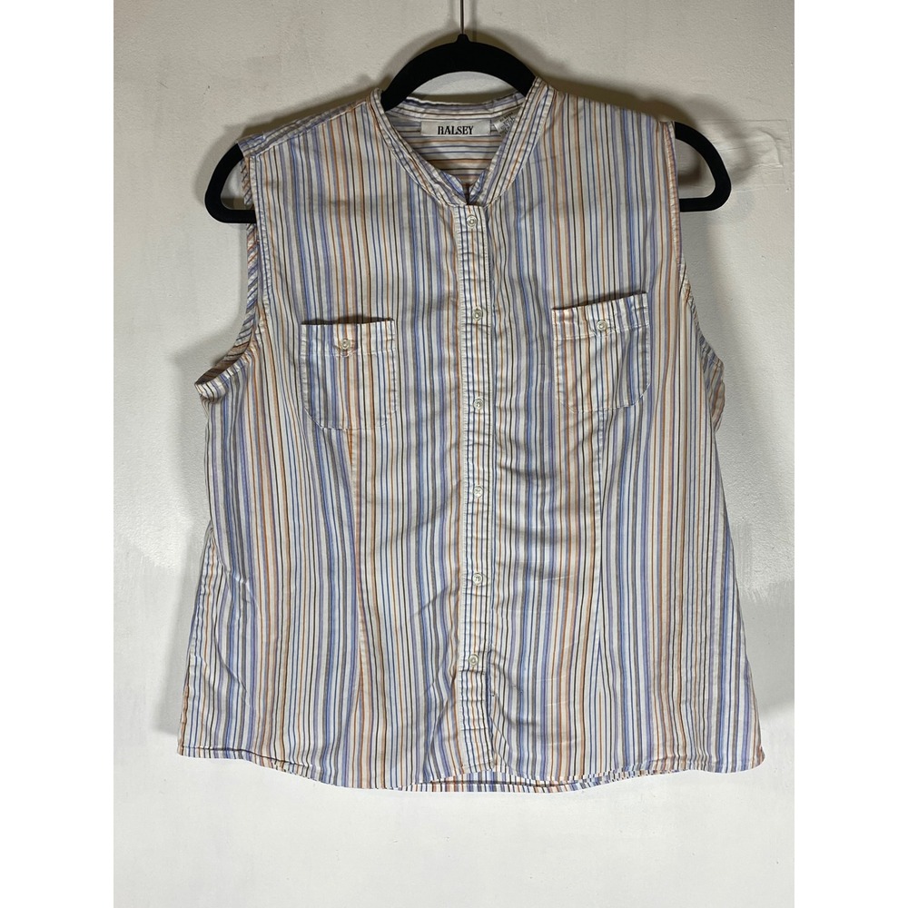 Vintage Striped Sleeveless Button Front Cotton Blouse Teacher‎ L Coastal Cottage
